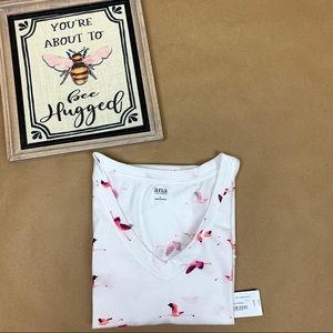 ANA Flamingo Print V Neck White Tee
